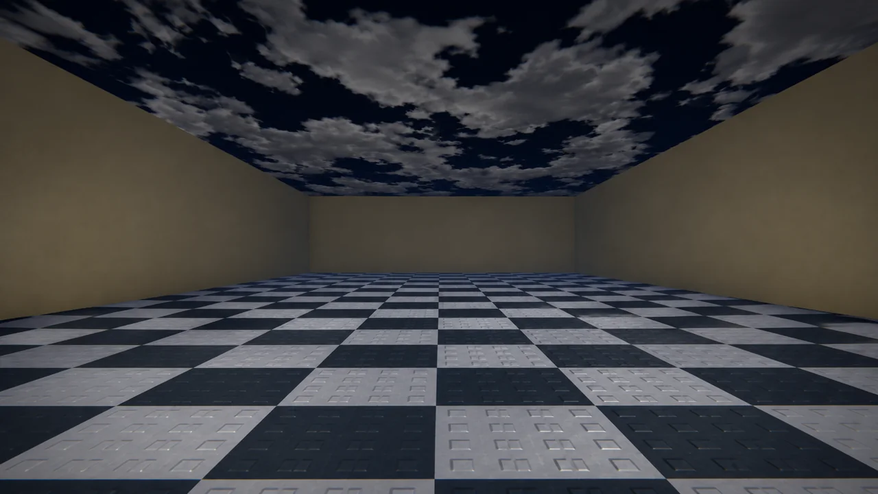A tiled room with a sky for a ceiling